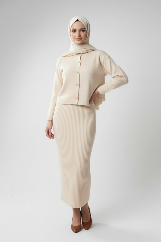 Kadın Krem Hırka Elbise İkili Takım