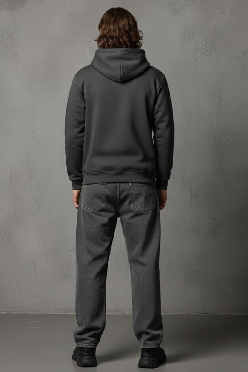 Unisex Kışlık Antrasit Gri Üç İplik Şardonlu Pamuklu Kalın Basic Kapüşonlu Hoodie Sweatshirt