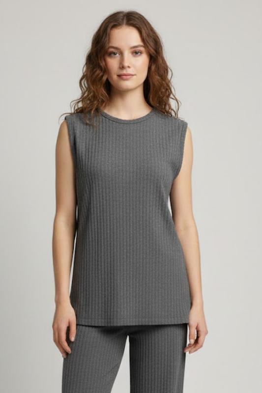 Kadın Gri Ribanalı Üçlü Takım Uzun Hırka Bisiklet Yaka Bluz Lastikli Boru Paça Pantolon