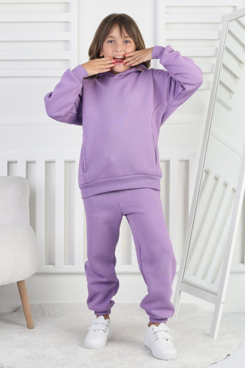 Şardonlu 3 İplik Baskılı Kapşonlu Kız Çocuk Takım