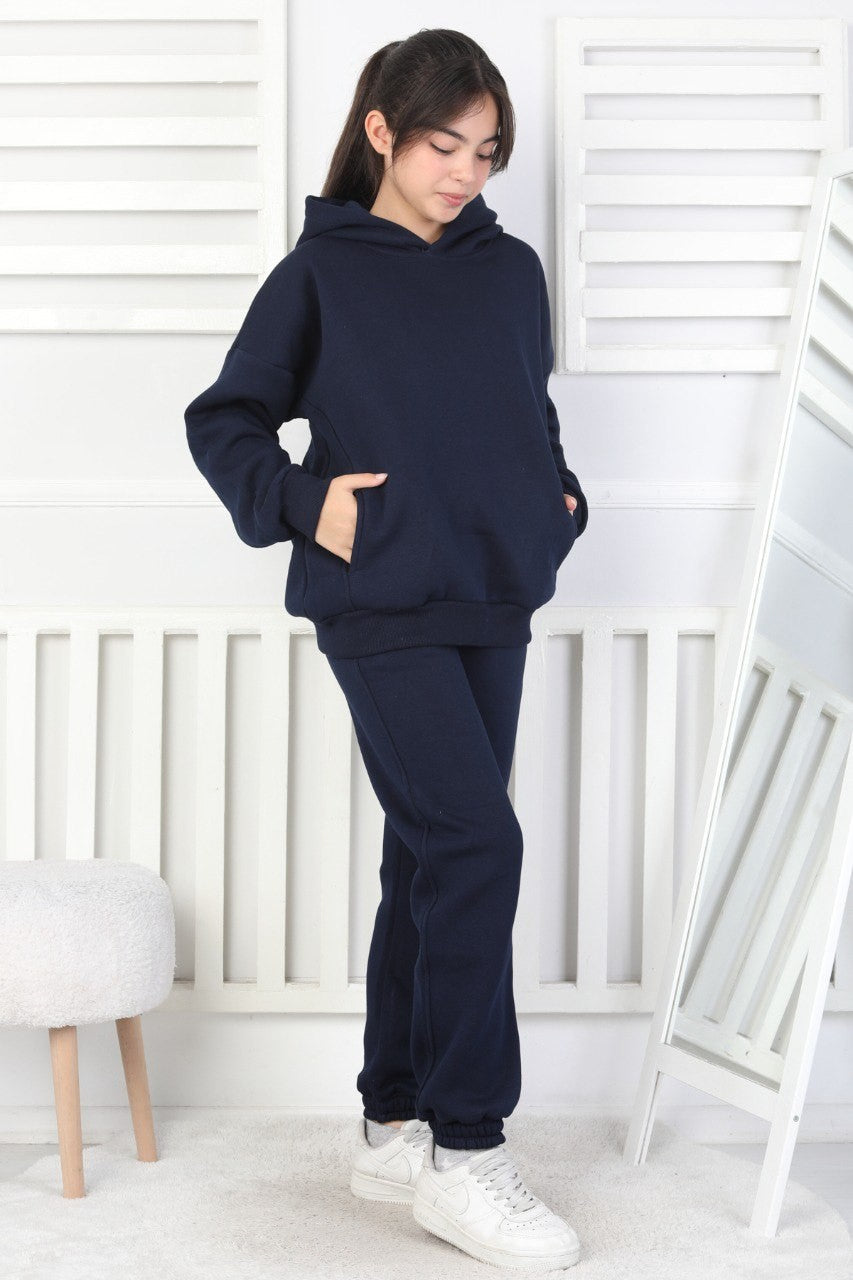 Şardonlu 3 İplik Baskılı Kapşonlu Kız Çocuk Takım