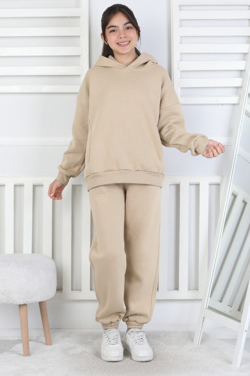 Şardonlu 3 İplik Baskılı Kapşonlu Kız Çocuk Takım