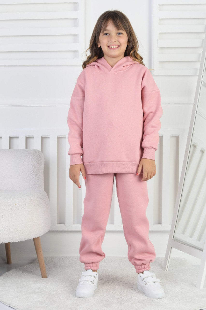 Şardonlu 3 İplik Baskılı Kapşonlu Kız Çocuk Takım