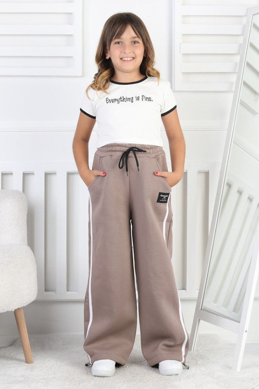 Üç İplik Şardonlu Bol Paça Dik Çizgili Kız Çocuk Eşofman Altı