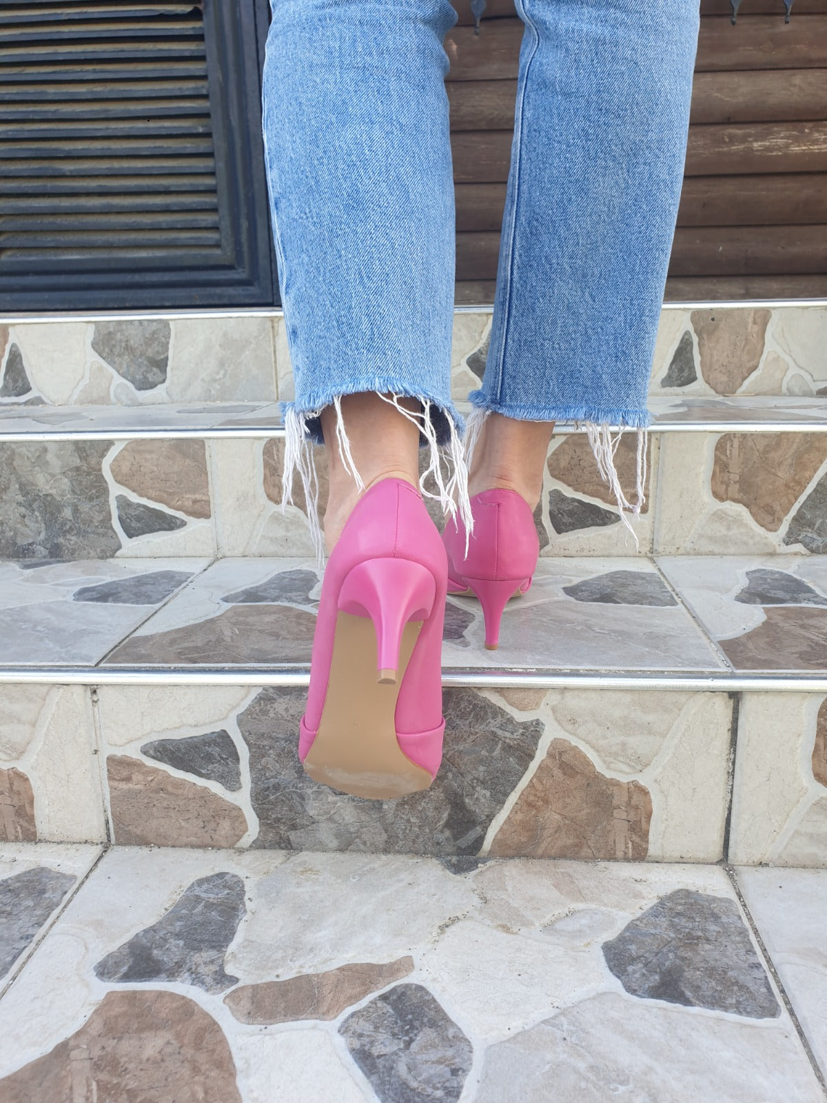 Pembe Deri Kadın Stiletto - 6 cm İnce Topuklu Düğüm Detaylı Günlük Ayakkabı