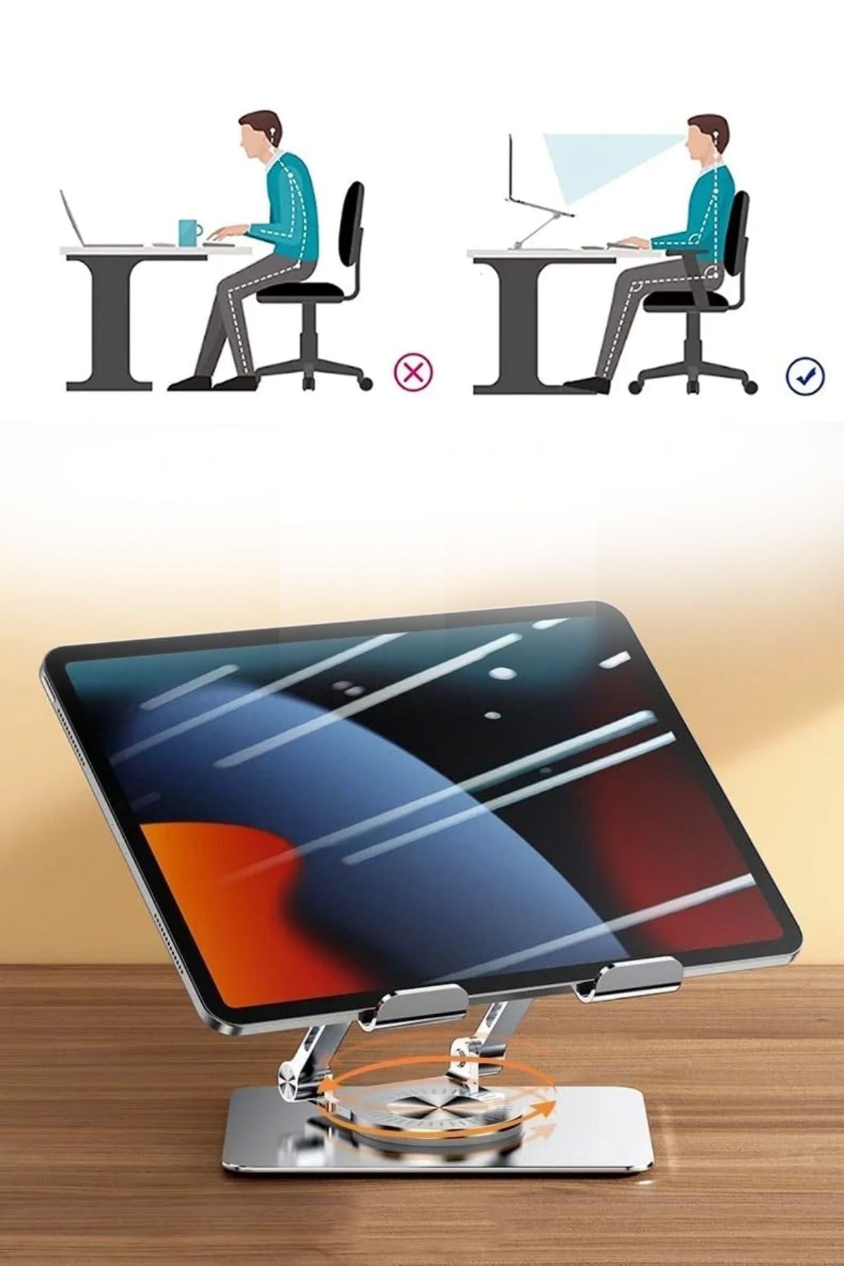 BUFFER® 360 Derece Dönebilen Yükseltilmiş Masaüstü Ayarlanabilir Metal Tablet Standı