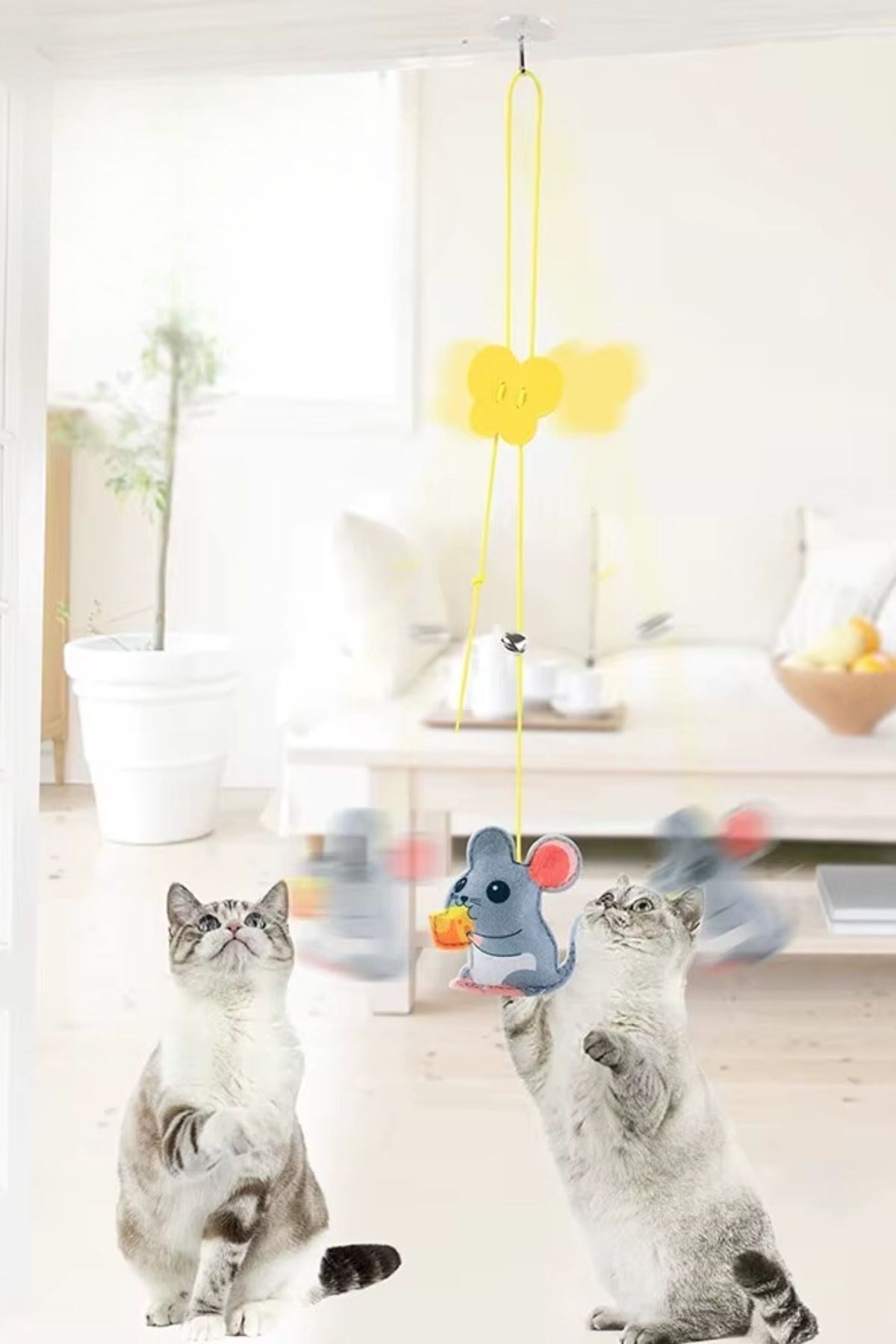 BUFFER® Kendiliğinden Yapışkanlı Uzun ipli Tüylü Zilli Peluş Kedi Oyun Oltası Kedi Oyuncağı