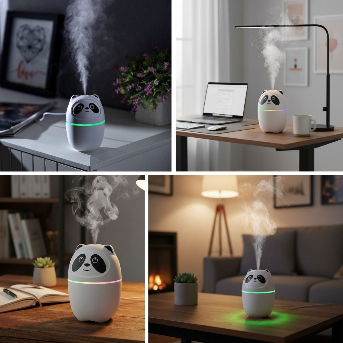 Sevimli Panda Figürlü Hava Nemlendirici – Ultrasonik Soğuk Buhar Makinesi, LED Işıklı Masaüstü Oda Nemlendirici