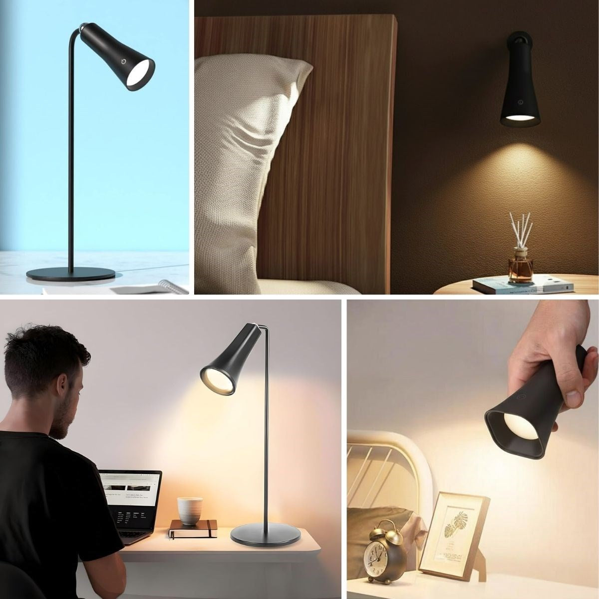 Çok Amaçlı Güçlü Manyetik Başlıklı 4’ü 1 Arada Portatif Siyah LED Lamba Masaüstü, El Feneri, Duvara Asılabilir ve Mandallı Klipsli Işık