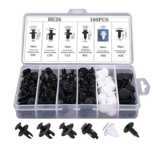 Plastik Bağlantı Elemanları Seti 100 Parça – Oto Kaplama Klipsi, Tampon ve Trim Sabitleme Perçinleri, Çok Amaçlı Klips Seti