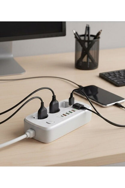 2500W Çoklu Priz 2 METRE – 3’lü AC Priz +5 USB Çıkışı AKIM KORUMALI Alev Almayan Gövde,