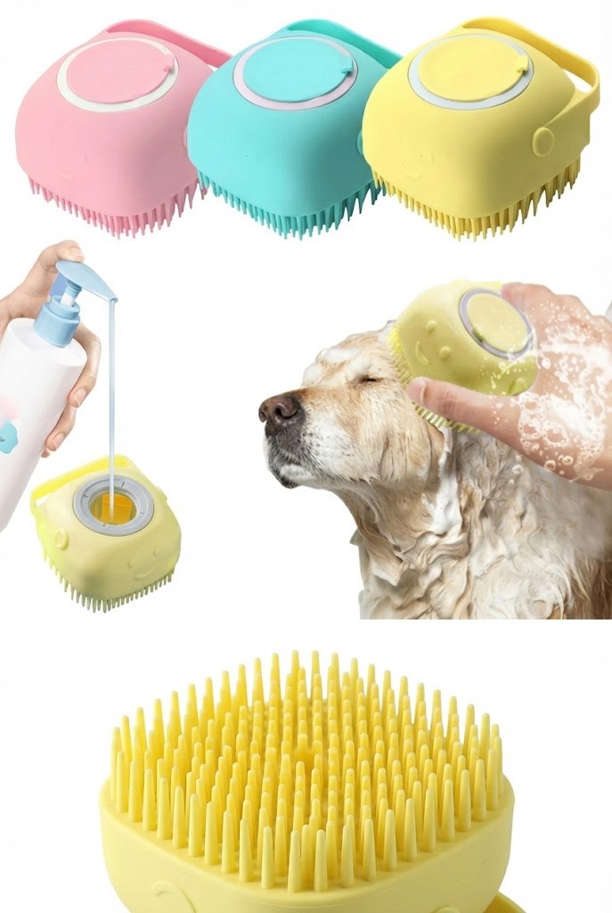 Şampuan Hazneli Kedi Köpek Yıkama Fırçası - Silikon Masaj Tarağı ve Evcil Hayvan Banyo Aparatı