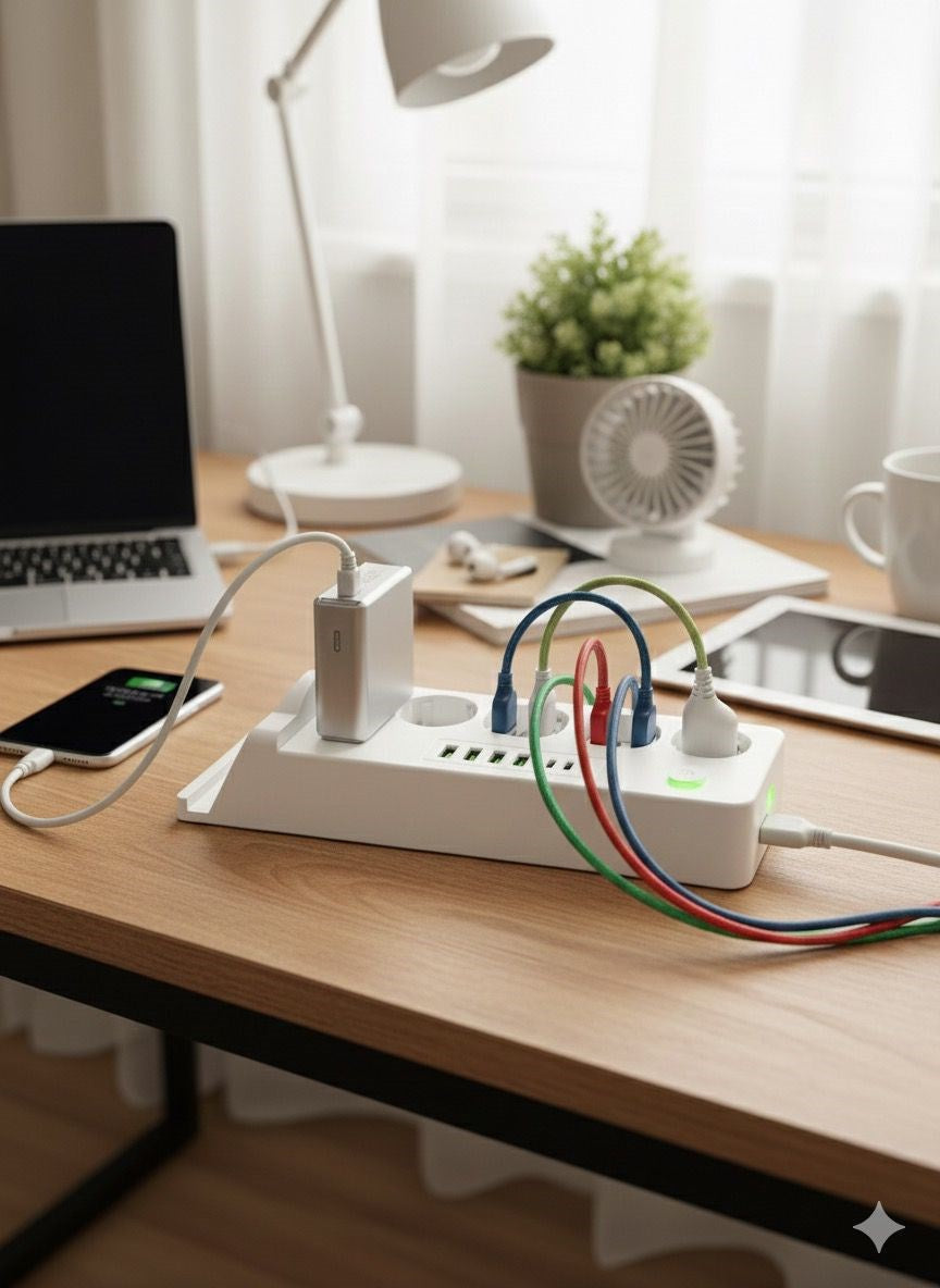 4'lü Akım Korumalı Priz 2 METRE ve Masaüstü Şarj İstasyonu 15W Kablosuz Şarj Standı Type-C Hızlı Şarj Çıkışı