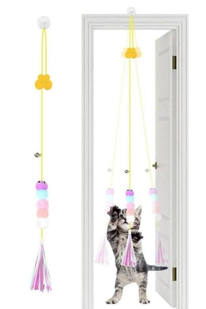 BUFFER® Kendiliğinden Yapışkanlı Uzun ipli Tüylü Zilli Peluş Kedi Oyun Oltası Kedi Oyuncağı