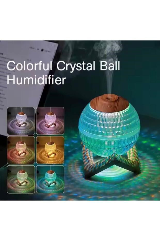 sonx Renkli Kristal Küre Tasarımlı LED Işıklı Hava Nemlendirici – Sessiz Çalışma ve Ahşap Desenli Kapak