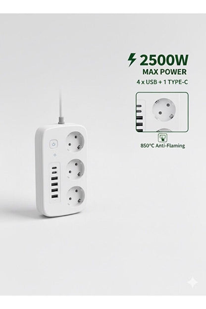 2500W Çoklu Priz 2 METRE – 3’lü AC Priz +5 USB Çıkışı AKIM KORUMALI Alev Almayan Gövde,