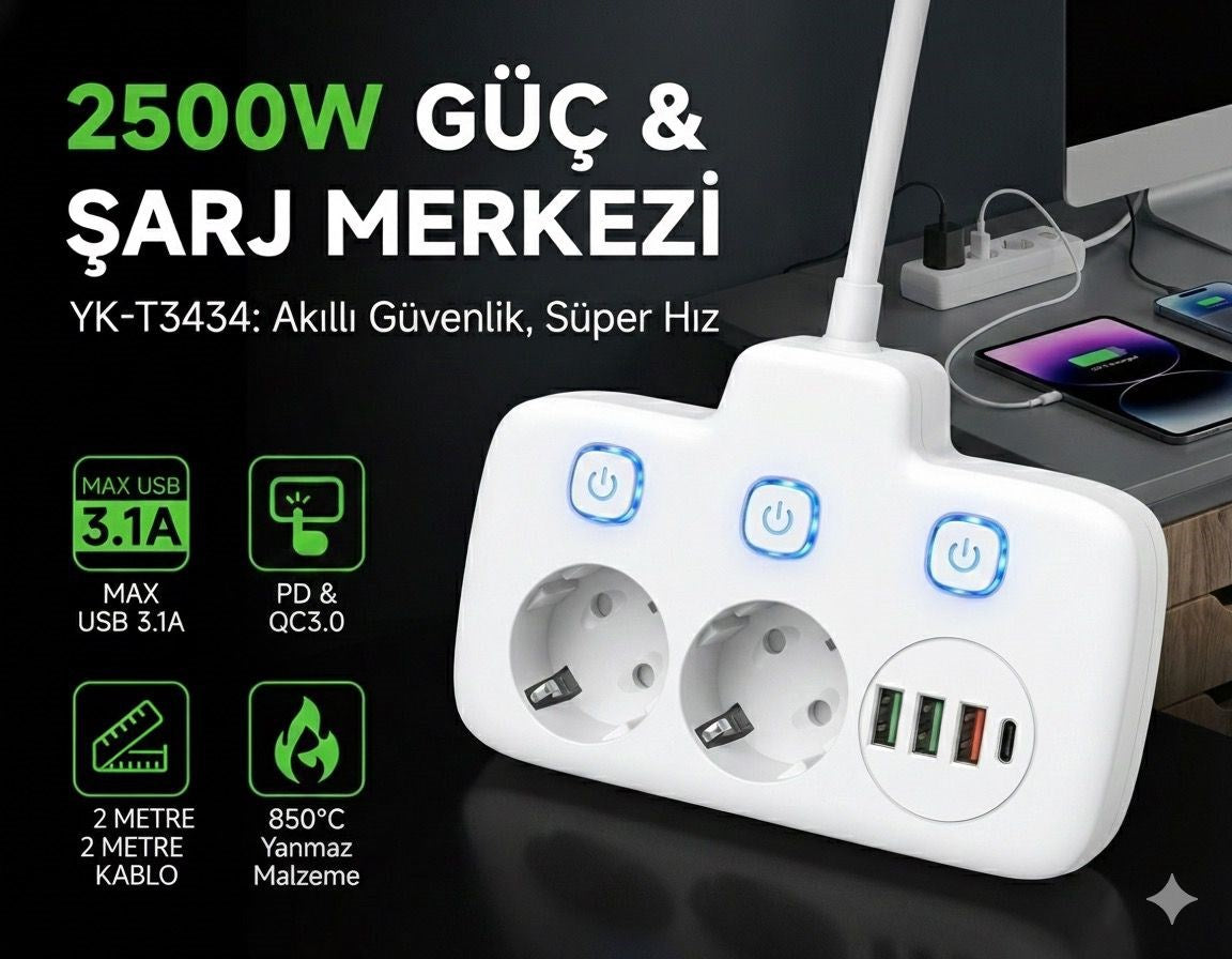 2500W Güçlü Akım Korumalı 3 USB + Type-C Portlu Çoklu Priz | Hızlı Şarj, Çocuk Kilidi, 850°C Yanmaz Malzeme
