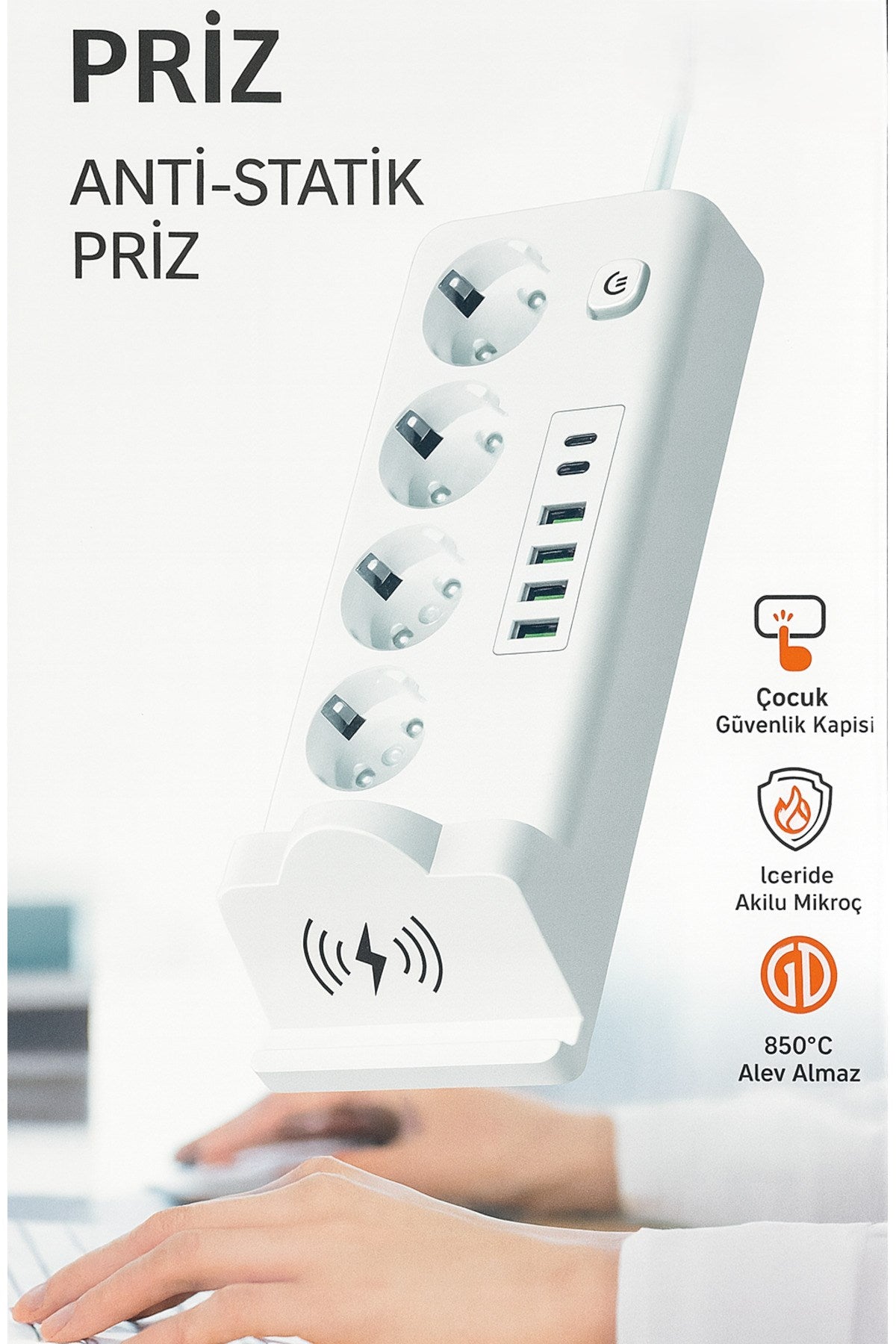 4'lü Akım Korumalı Priz 2 METRE ve Masaüstü Şarj İstasyonu 15W Kablosuz Şarj Standı Type-C Hızlı Şarj Çıkışı