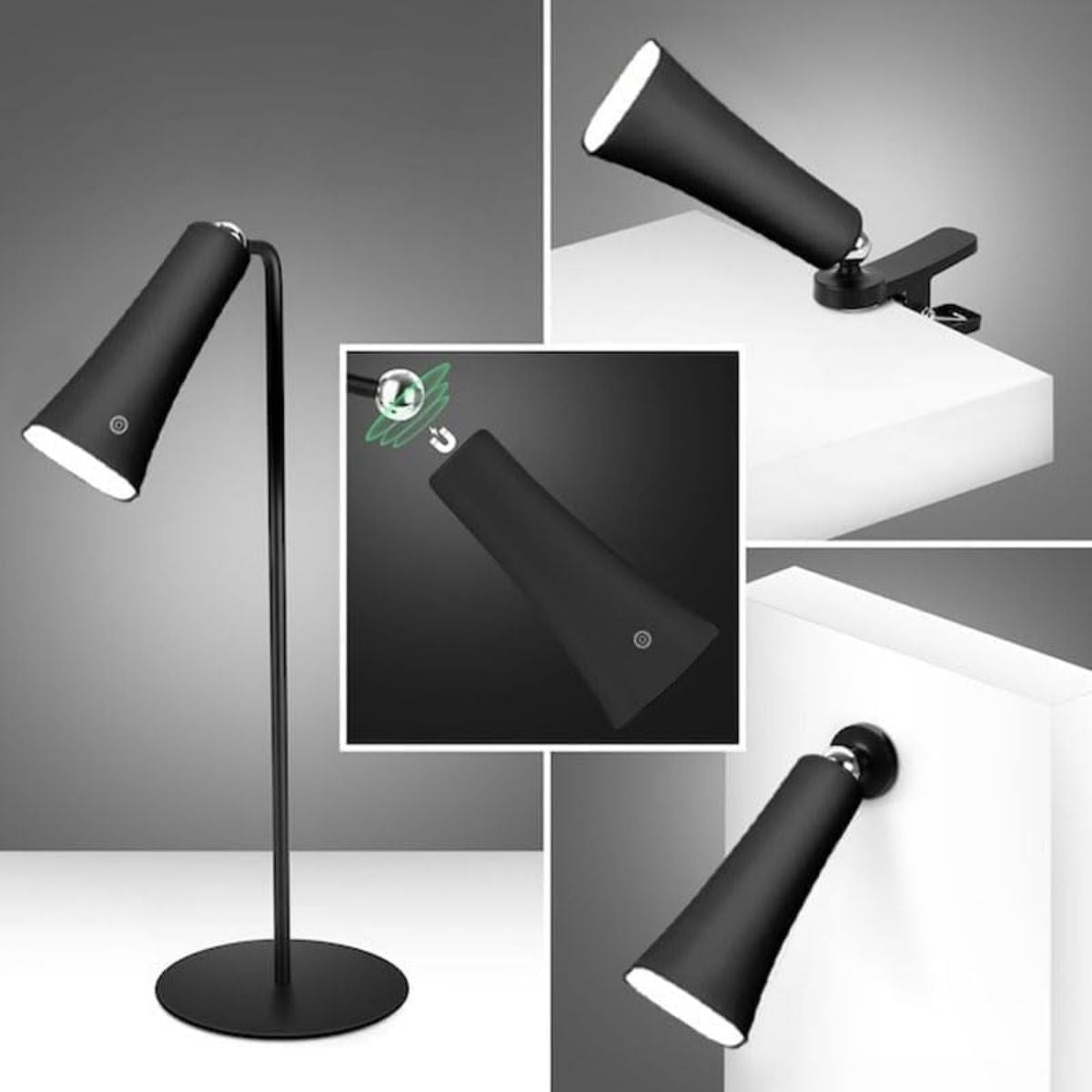 Çok Amaçlı Güçlü Manyetik Başlıklı 4’ü 1 Arada Portatif Siyah LED Lamba Masaüstü, El Feneri, Duvara Asılabilir ve Mandallı Klipsli Işık