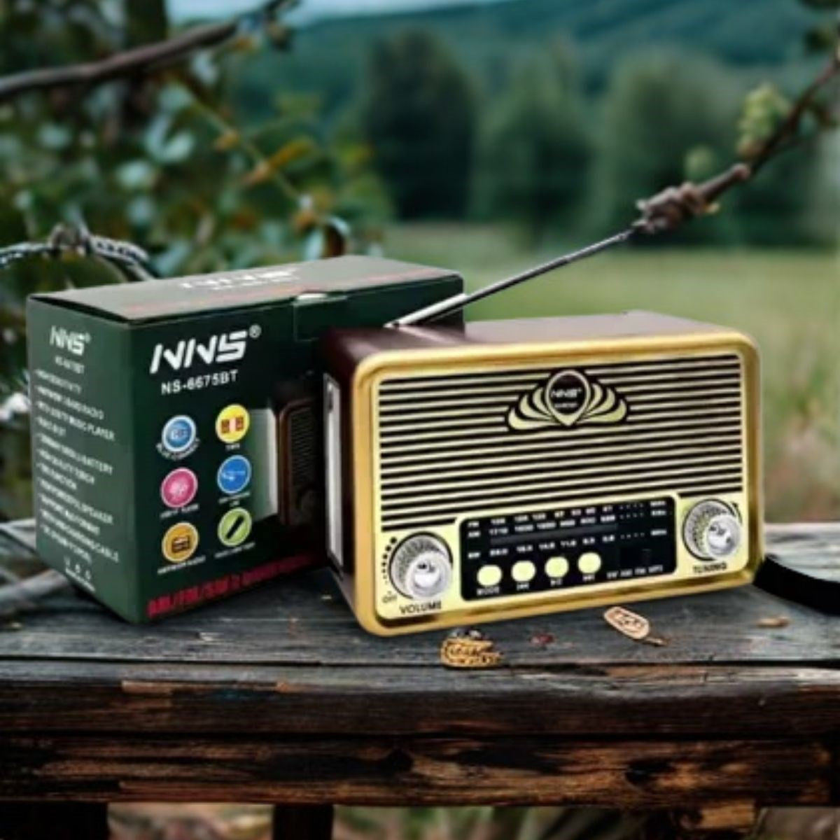 BUFFER® Küçük Boy Retro, Nostaljik, Ahşap Tasarım Bluetooth Hoparlörlü, Şarjlı, Taşınabilir Yanı LED Işıklı FM/AM Destekli Radyo NS6675