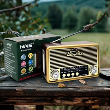 BUFFER® Küçük Boy Retro, Nostaljik, Ahşap Tasarım Bluetooth Hoparlörlü, Şarjlı, Taşınabilir Yanı LED Işıklı FM/AM Destekli Radyo NS6675