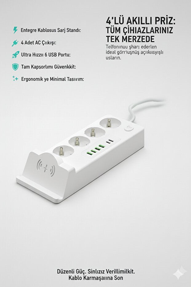 4'lü Akım Korumalı Priz 2 METRE ve Masaüstü Şarj İstasyonu 15W Kablosuz Şarj Standı Type-C Hızlı Şarj Çıkışı