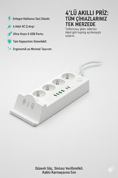 4'lü Akım Korumalı Priz 2 METRE ve Masaüstü Şarj İstasyonu 15W Kablosuz Şarj Standı Type-C Hızlı Şarj Çıkışı