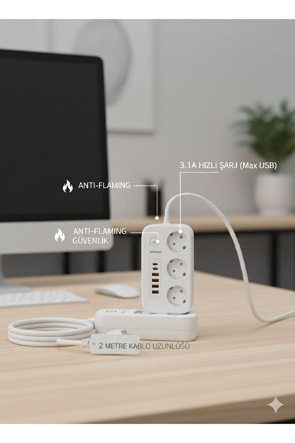 2500W Çoklu Priz 2 METRE – 3’lü AC Priz +5 USB Çıkışı AKIM KORUMALI Alev Almayan Gövde,