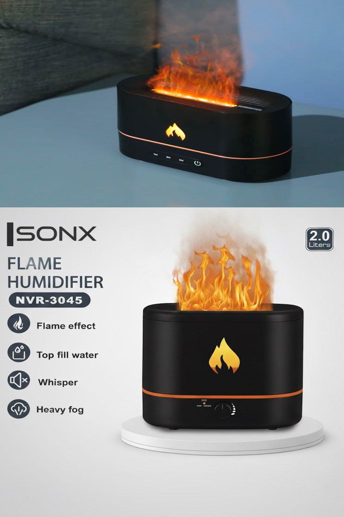 Alev Efektli Ultrasonik Hava Nemlendirici – Sessiz, Otomatik Kapanma, LED Işıklı Aroma Difüzör