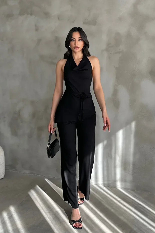 Kadın Siyah Degaje Yaka Bluz ve Pantolon İkili Takım