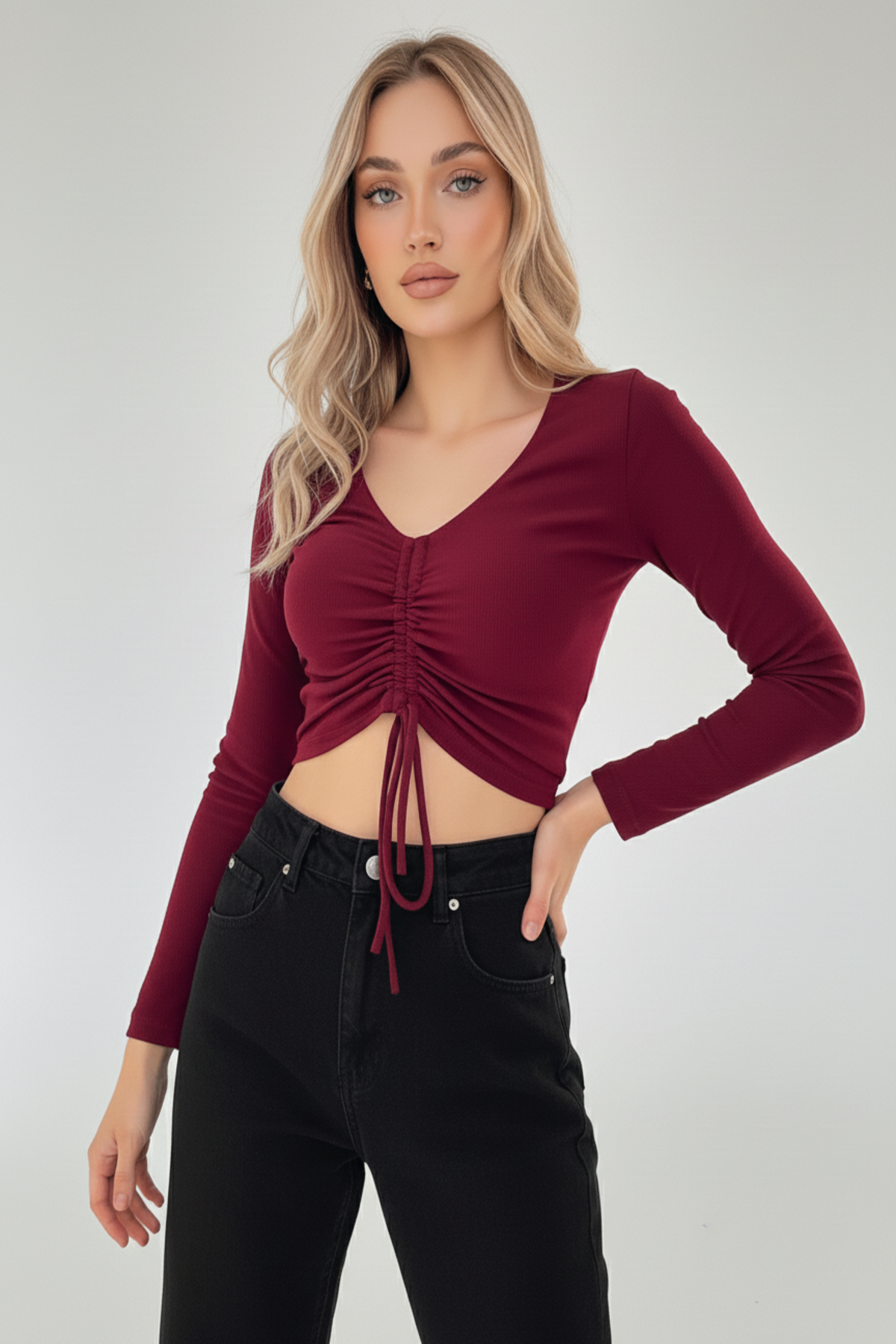 Kaşkorse Büzgülü Crop Bluz - Bordo