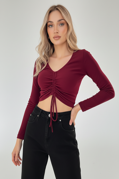 Kaşkorse Büzgülü Crop Bluz - Bordo