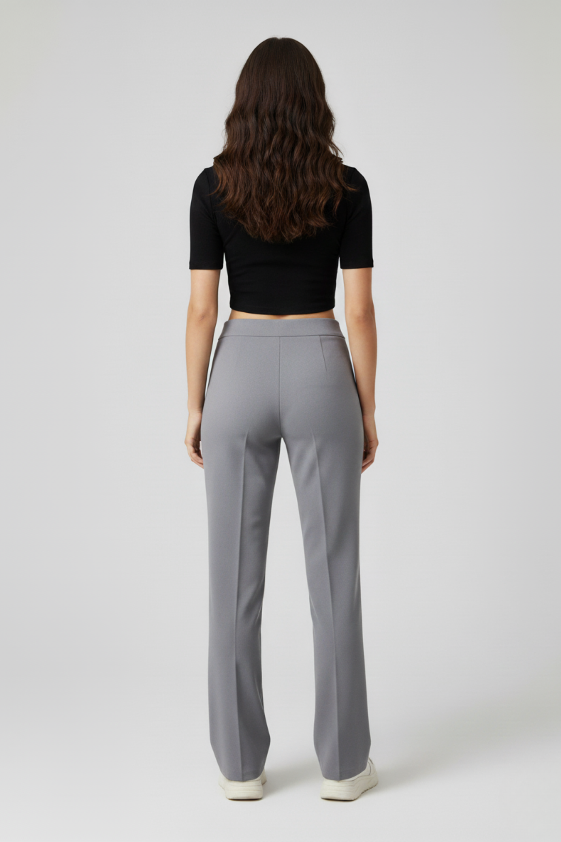 Kadın Yüksek Bel Toparlayıcı Çıma Detaylı Scuba Krep Palazzo İspanyol Paça Pantolon – Gri