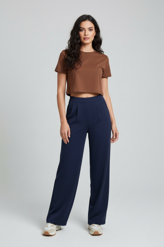 Kadın Yüksek Bel Pensli Krep Palazzo Pantolon – Lacivert