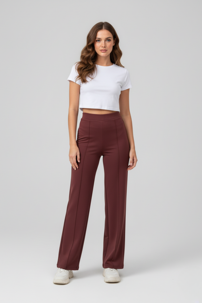Kadın Modal Çımalı Yüksek Bel Beli Lastikli Bol Paça Pantolon - Kiremit