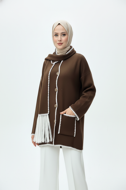 Kadın Nakış Detaylı Atkılı Yumuşak Ceket - Kahverengi