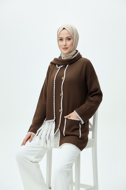 Kadın Nakış Detaylı Atkılı Yumuşak Ceket - Kahverengi