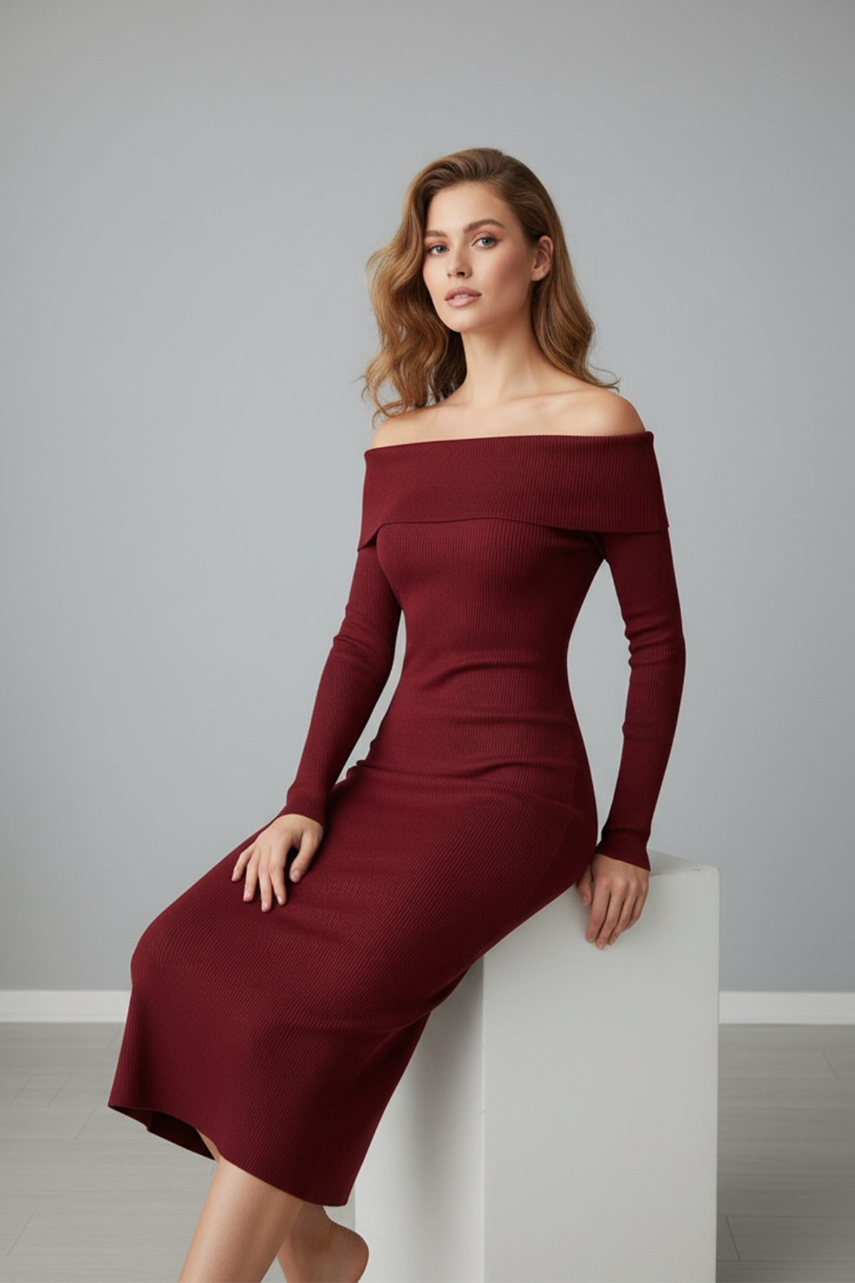 Kadın Kırmızı Madonna Yaka Uzun Elbise