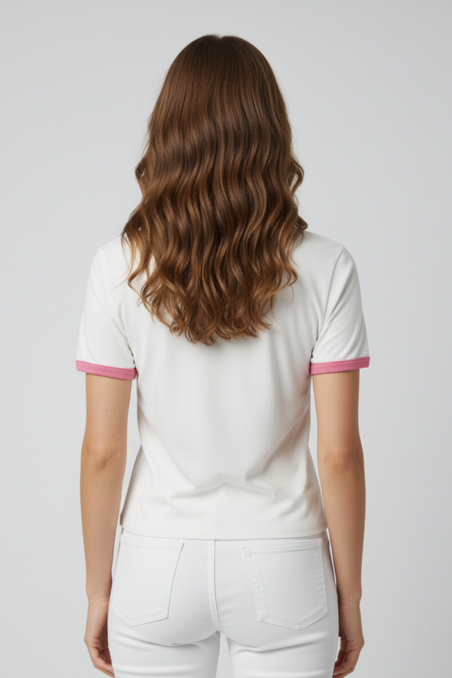 Beyaz Çiçek Baskılı Pembe Ribana Detaylı Kadın Tişört