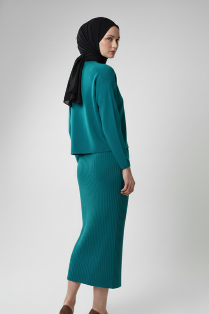 Kadın Turkuaz Hırka Elbise İkili Takım