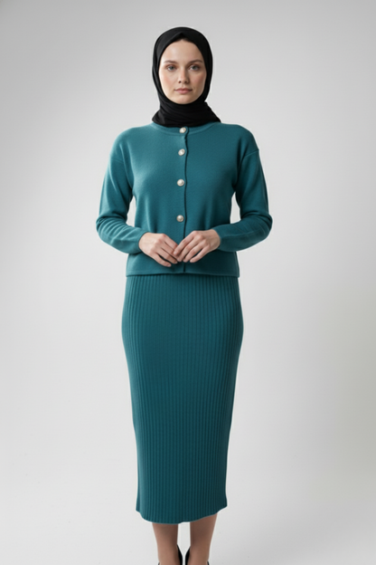 Kadın Turkuaz Hırka Elbise İkili Takım