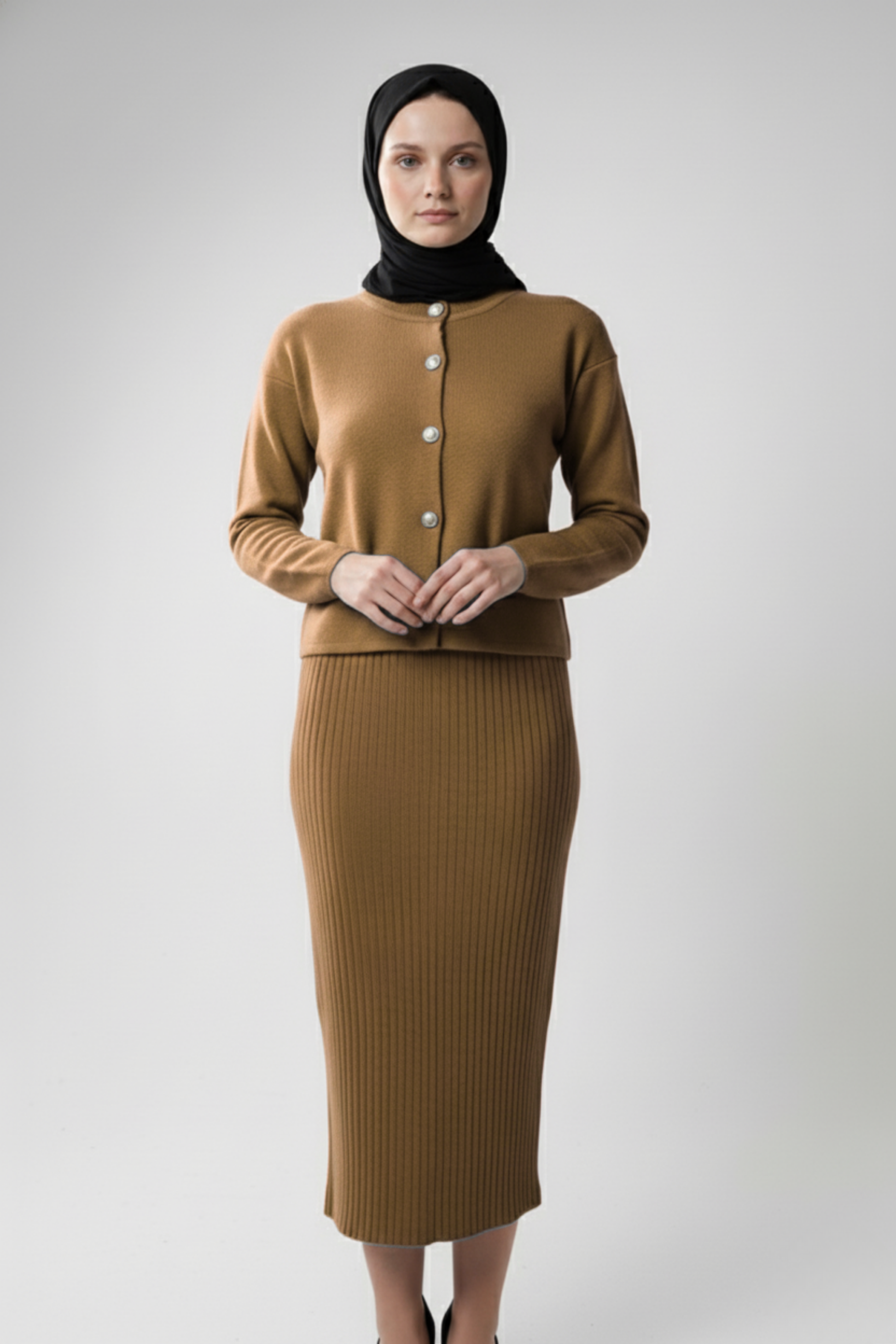 Kadın Kiremit Hırka Elbise İkili Takım