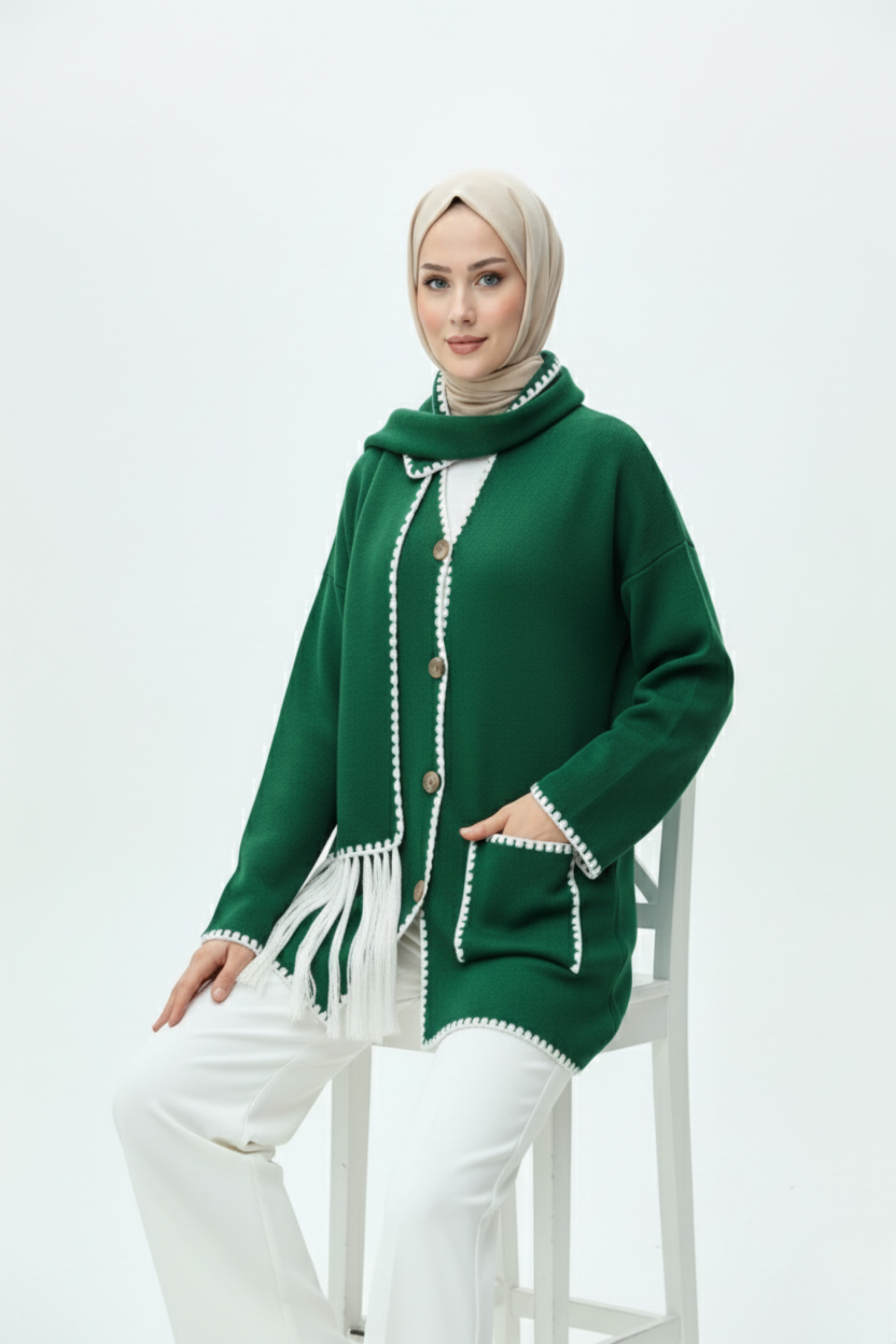 Kadın Nakış Detaylı Atkılı Yumuşak Ceket - Yeşil