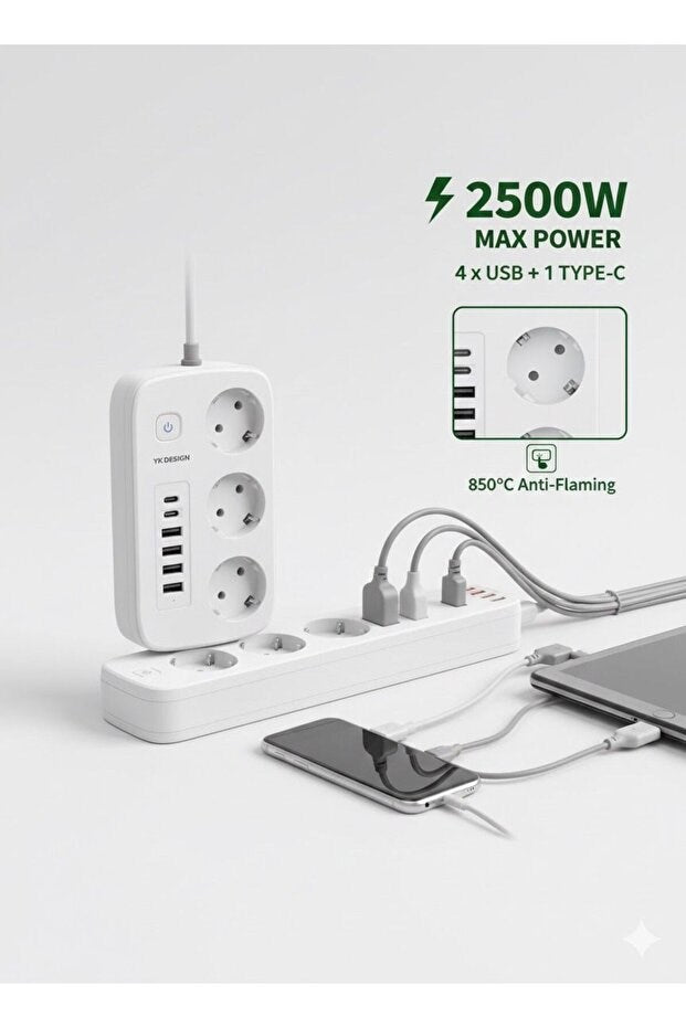 2500W Çoklu Priz 2 METRE – 3’lü AC Priz +5 USB Çıkışı AKIM KORUMALI Alev Almayan Gövde,