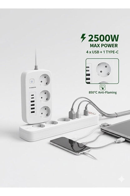 2500W Çoklu Priz 2 METRE – 3’lü AC Priz +5 USB Çıkışı AKIM KORUMALI Alev Almayan Gövde,