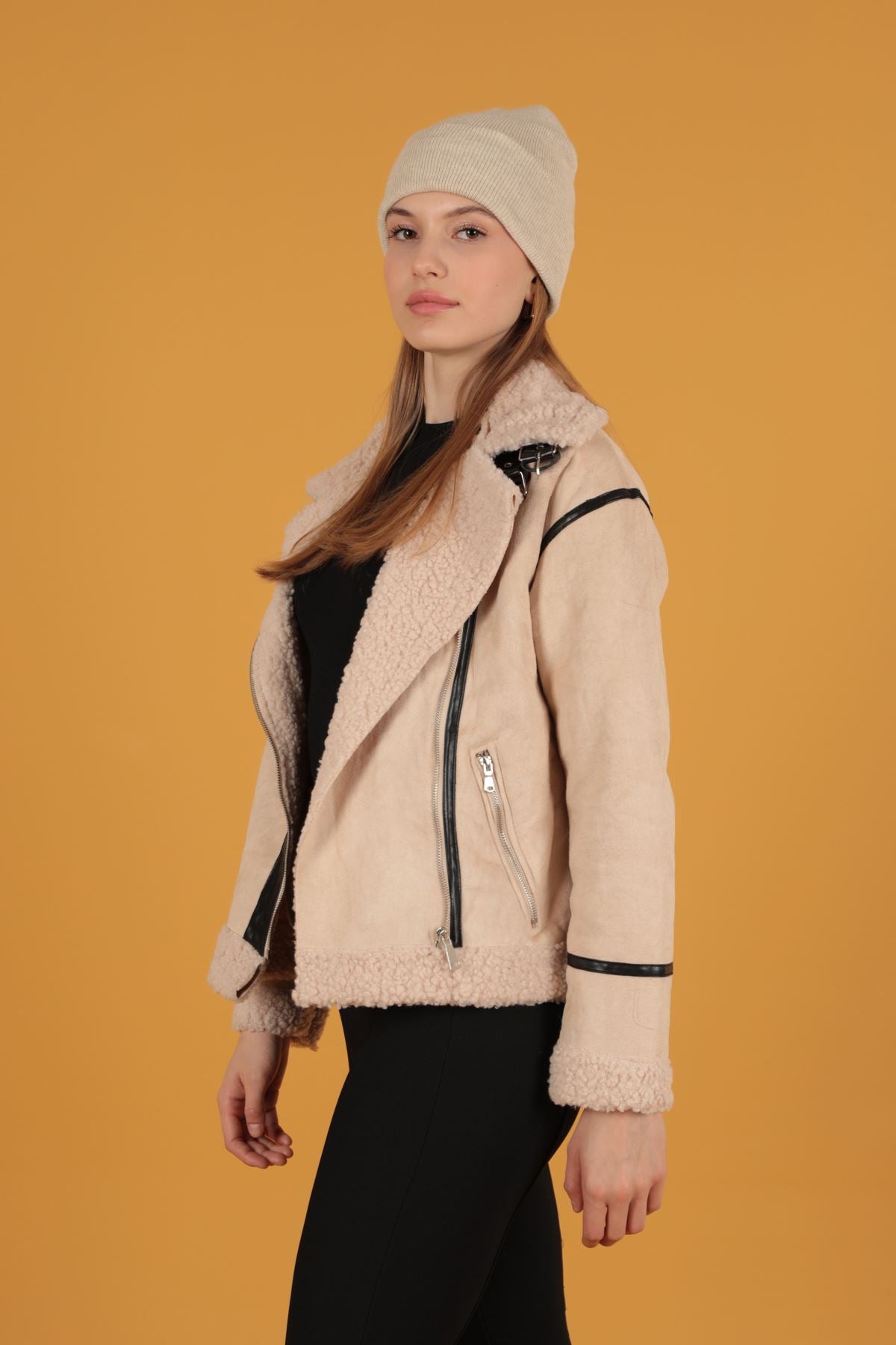 Süet Kıvırcık Kumaş Motorcu Taş Rengi Mont