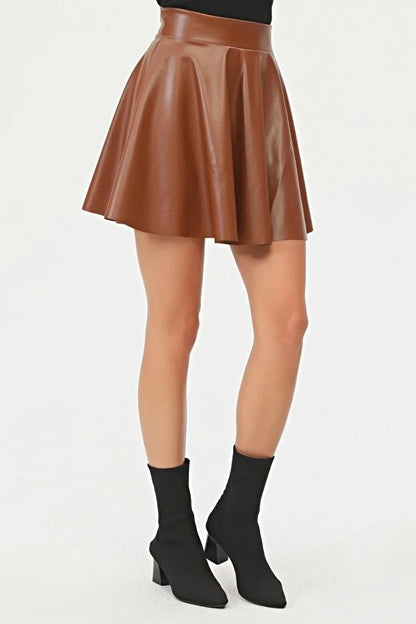 Kadın Mini Kloş Taba Renkli Suni Deri Etek