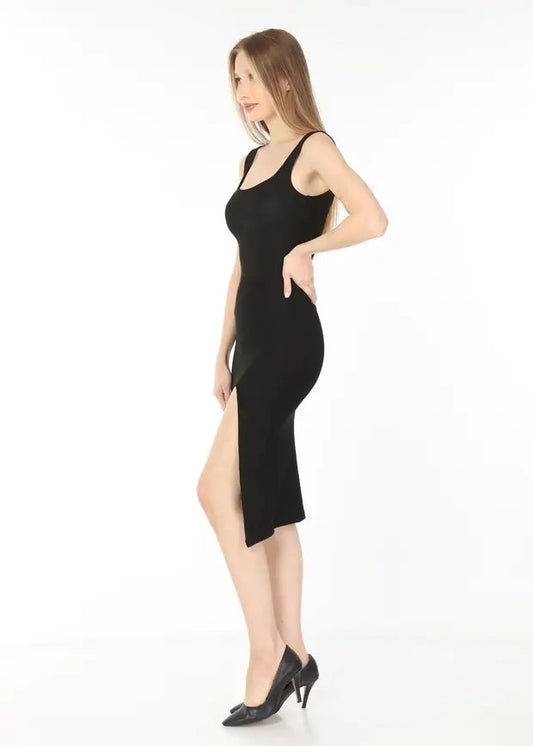 Kadın Elbise Kadın Siyah Kare Yaka Yırtmaçlı Kaşkorse Elbise