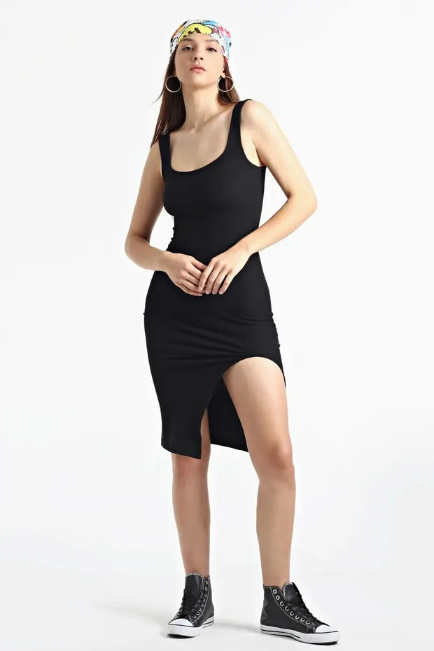 Kadın Elbise Kadın Siyah Kare Yaka Yırtmaçlı Kaşkorse Elbise