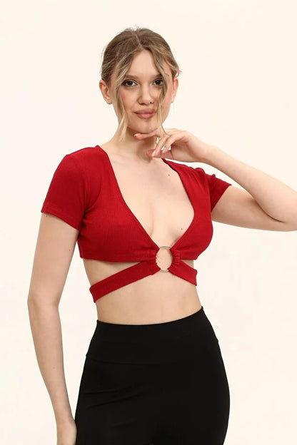 Kadın Bordo Renkli Ön Halka Ve Şeritli Crop Top